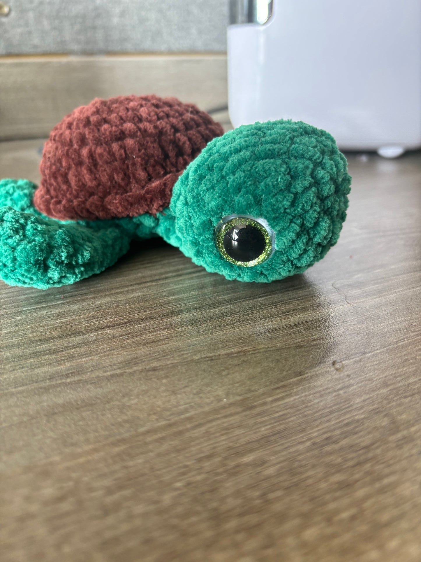 Emerald and brown crochet turtle